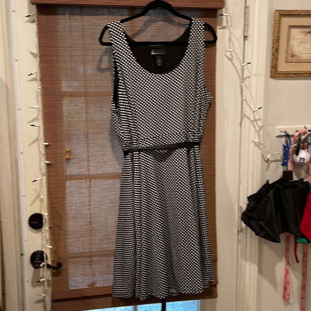 Plus size Lane Bryant dress with black and white polka dots.